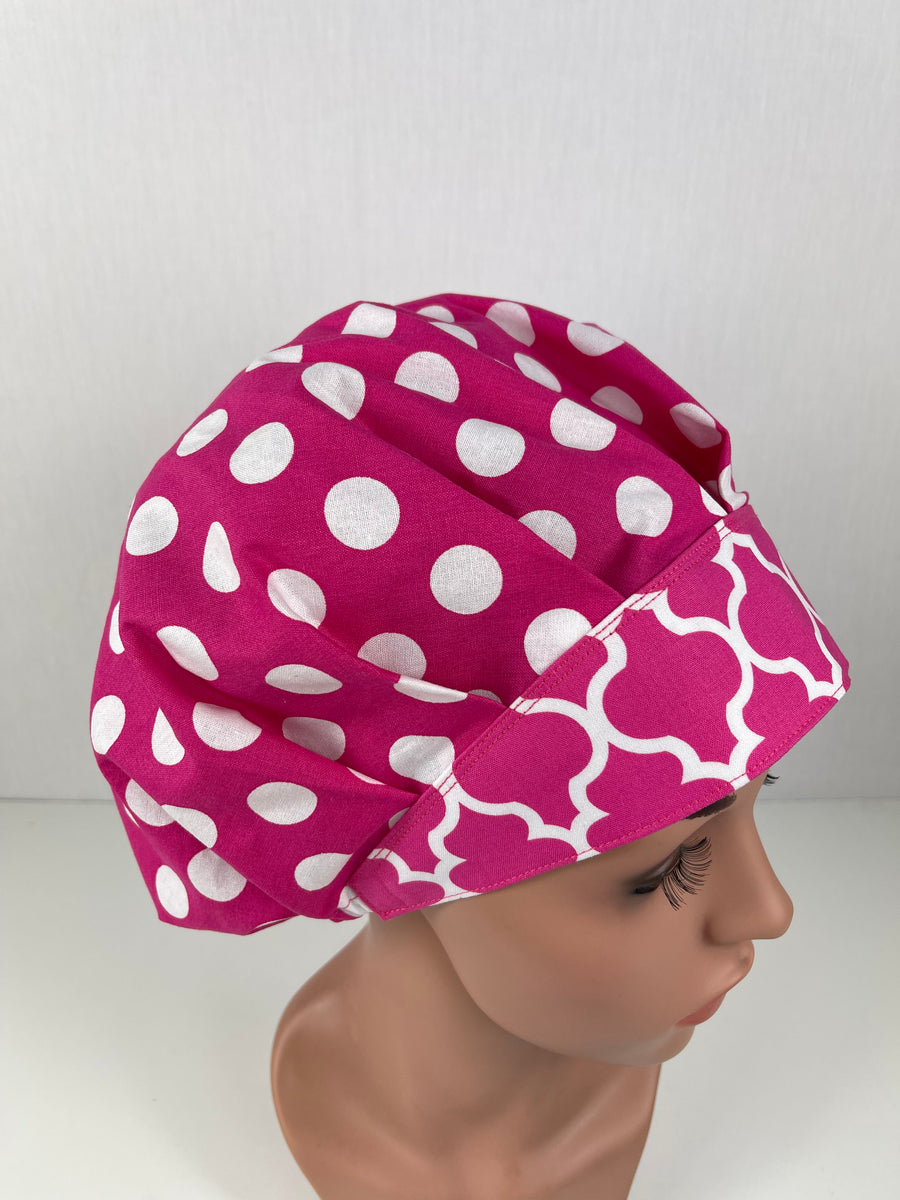 Hot Pink Polka Dot Bouffant Scrub Hat