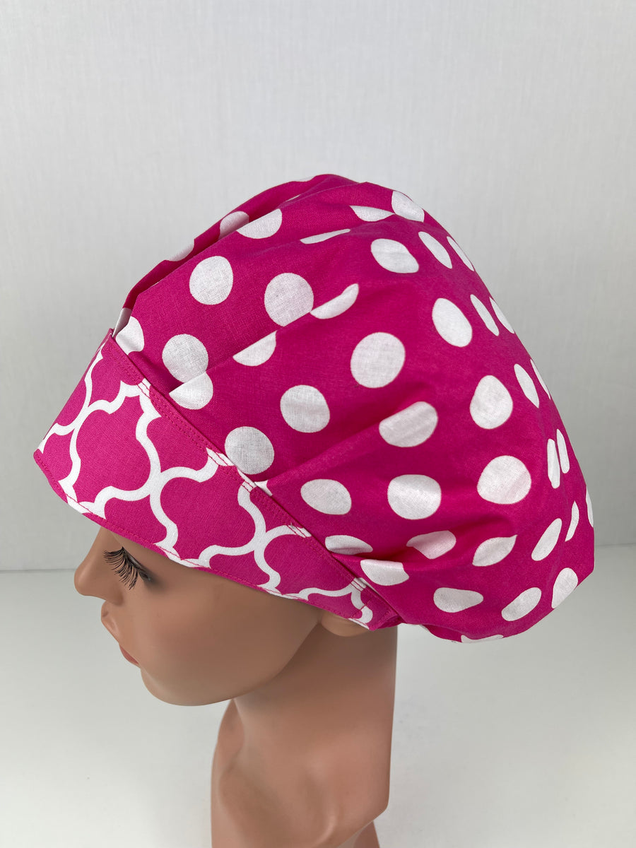 Hot Pink Polka Dot Bouffant Scrub Hat