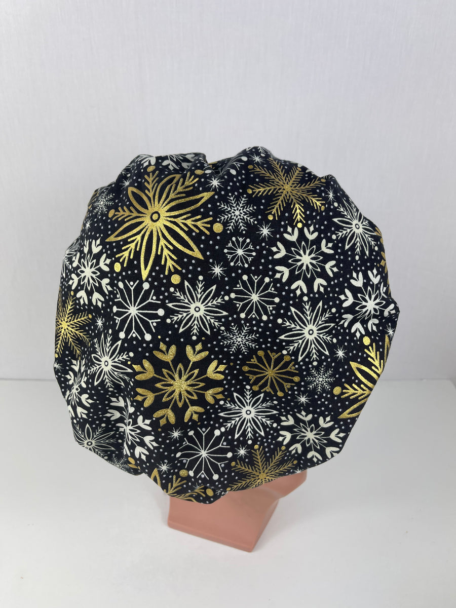 Christmas Mettalic Snowflakeson Black  Bouffant Scrub Hat