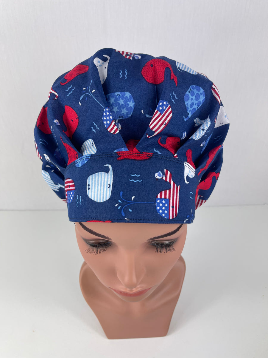 Baby Whales Patriotic Design Bouffant Scrub