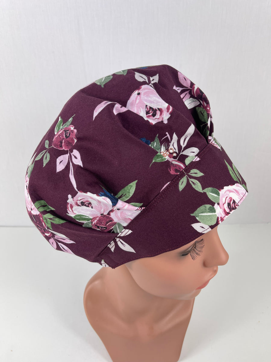 Floral Clusters Burgandy Bouffant Scrub Hat