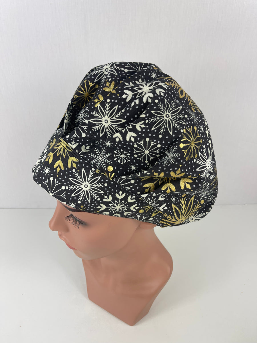 Christmas Mettalic Snowflakeson Black  Bouffant Scrub Hat