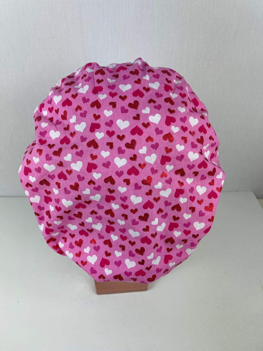 Hearts Pink Valentine Bouffant Scrub Hat