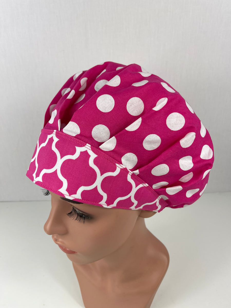 Hot Pink Polka Dot Bouffant Scrub Hat