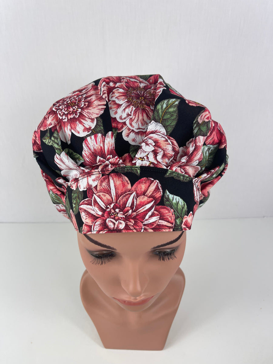 Floral Clusters Burgandy Bouffant Scrub Hat