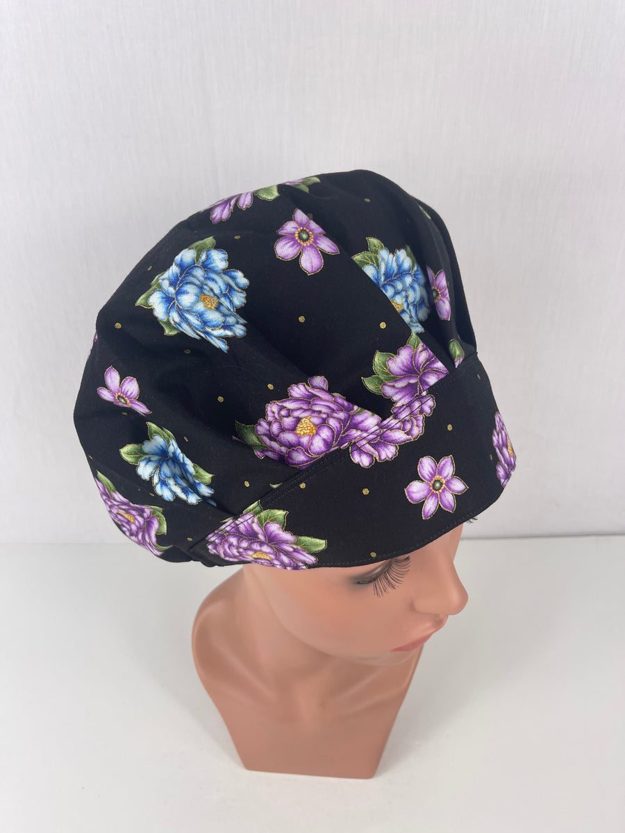 Floral on Black  Bouffant Scrub Hat