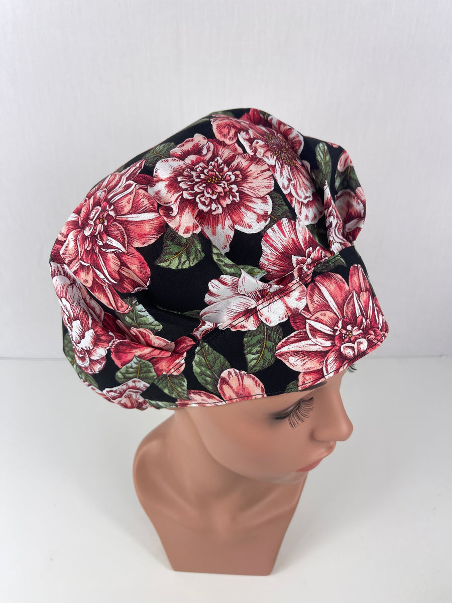 Floral Clusters Burgandy Bouffant Scrub Hat