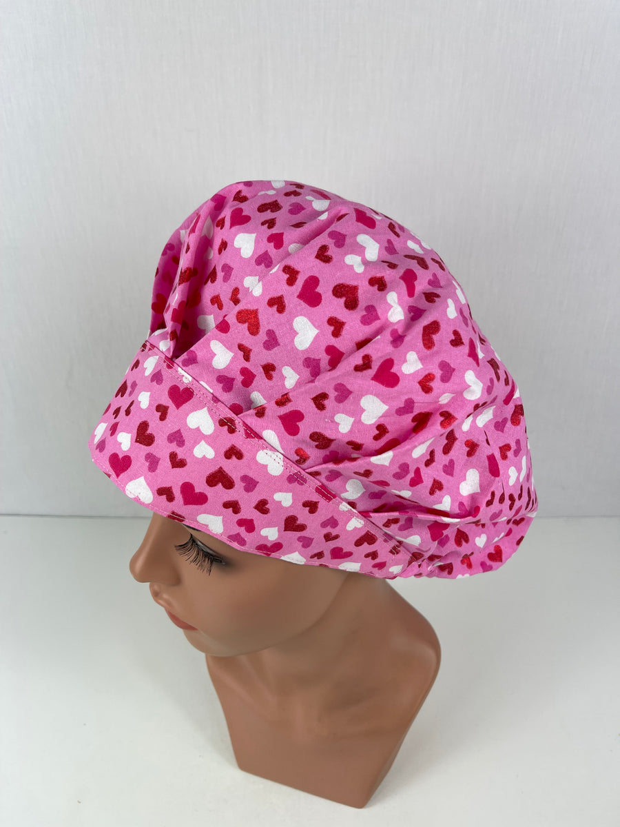 Hearts Pink Valentine Bouffant Scrub Hat
