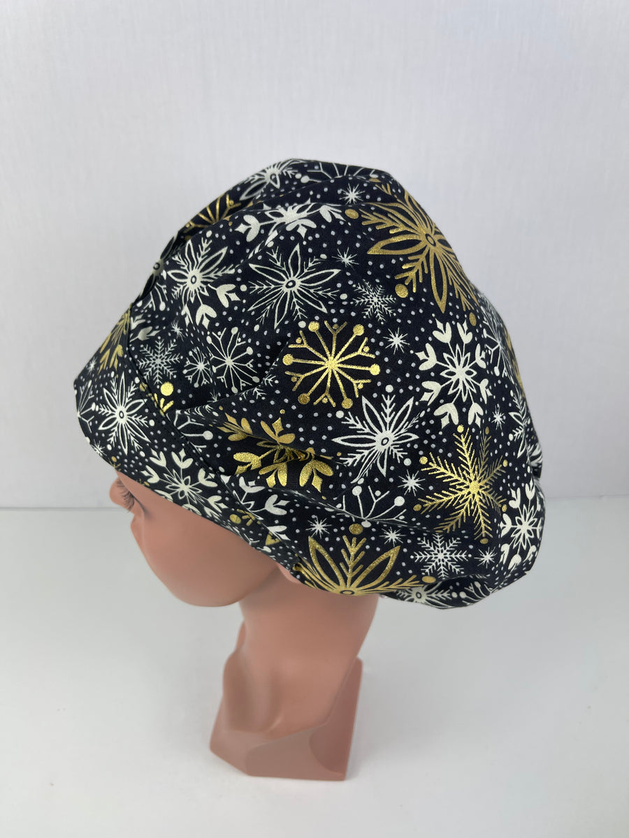 Christmas Mettalic Snowflakeson Black  Bouffant Scrub Hat