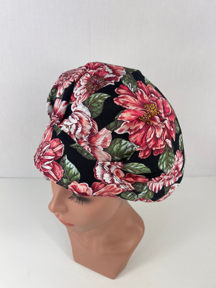 Floral Clusters Burgandy Bouffant Scrub Hat