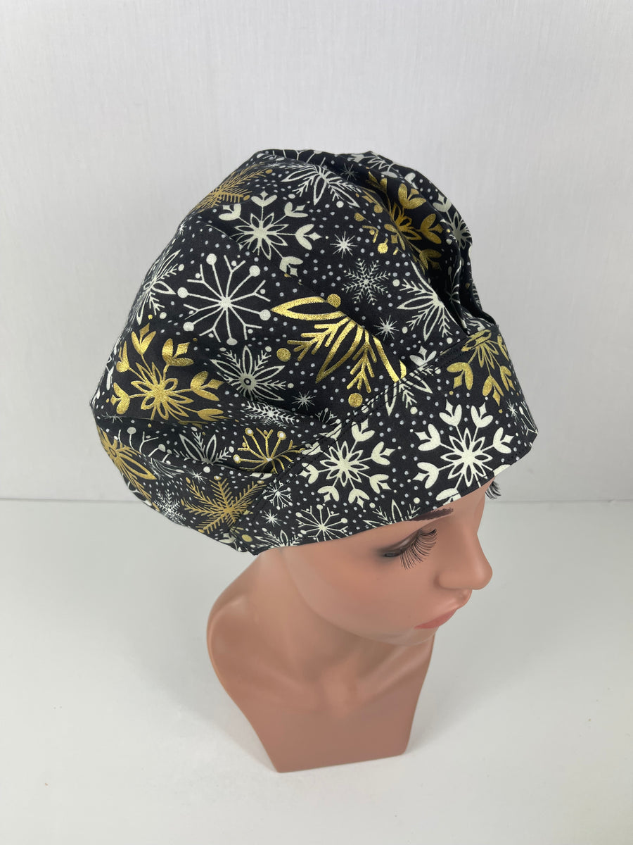 Christmas Mettalic Snowflakeson Black  Bouffant Scrub Hat