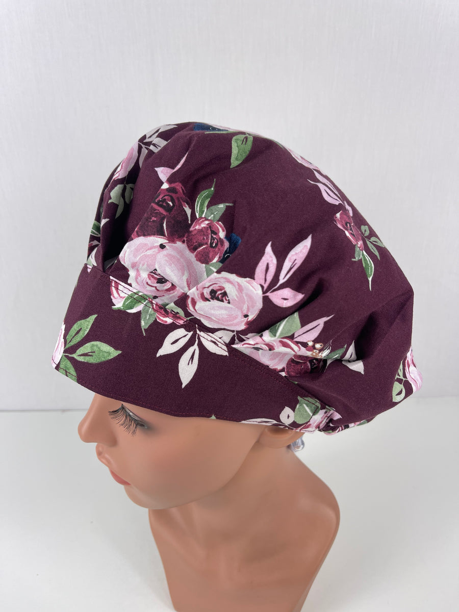 Floral Clusters Burgandy Bouffant Scrub Hat