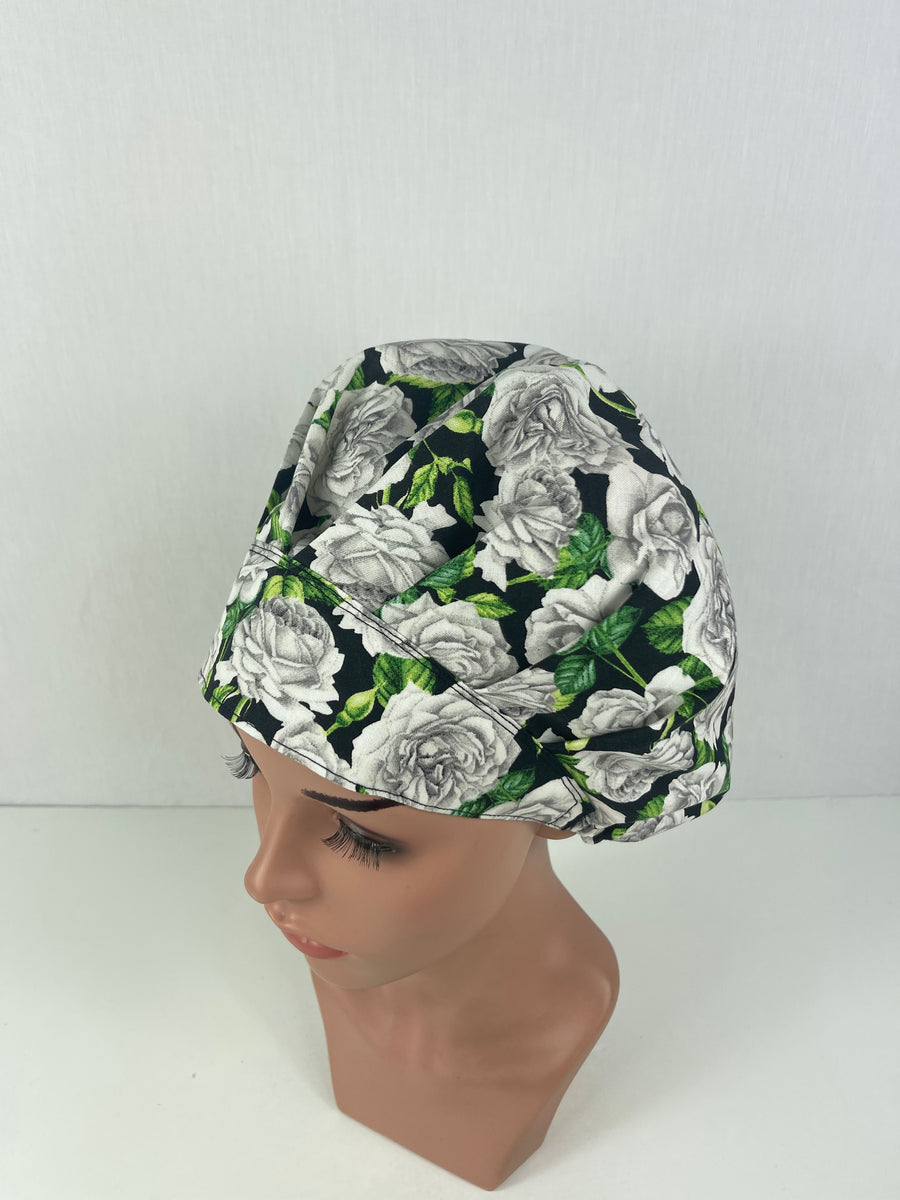 White Roses Bouffant Scrub Hat