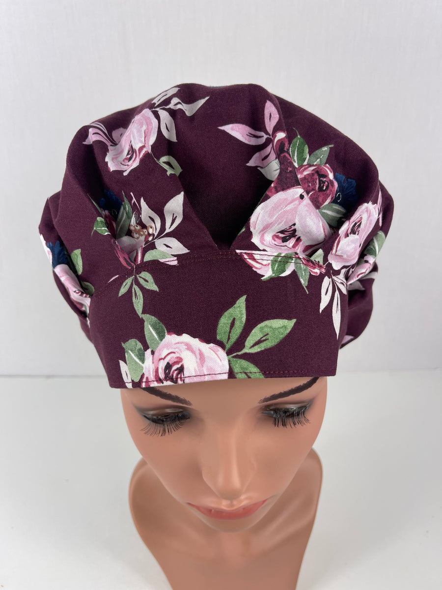 Floral Clusters Burgandy Bouffant Scrub Hat