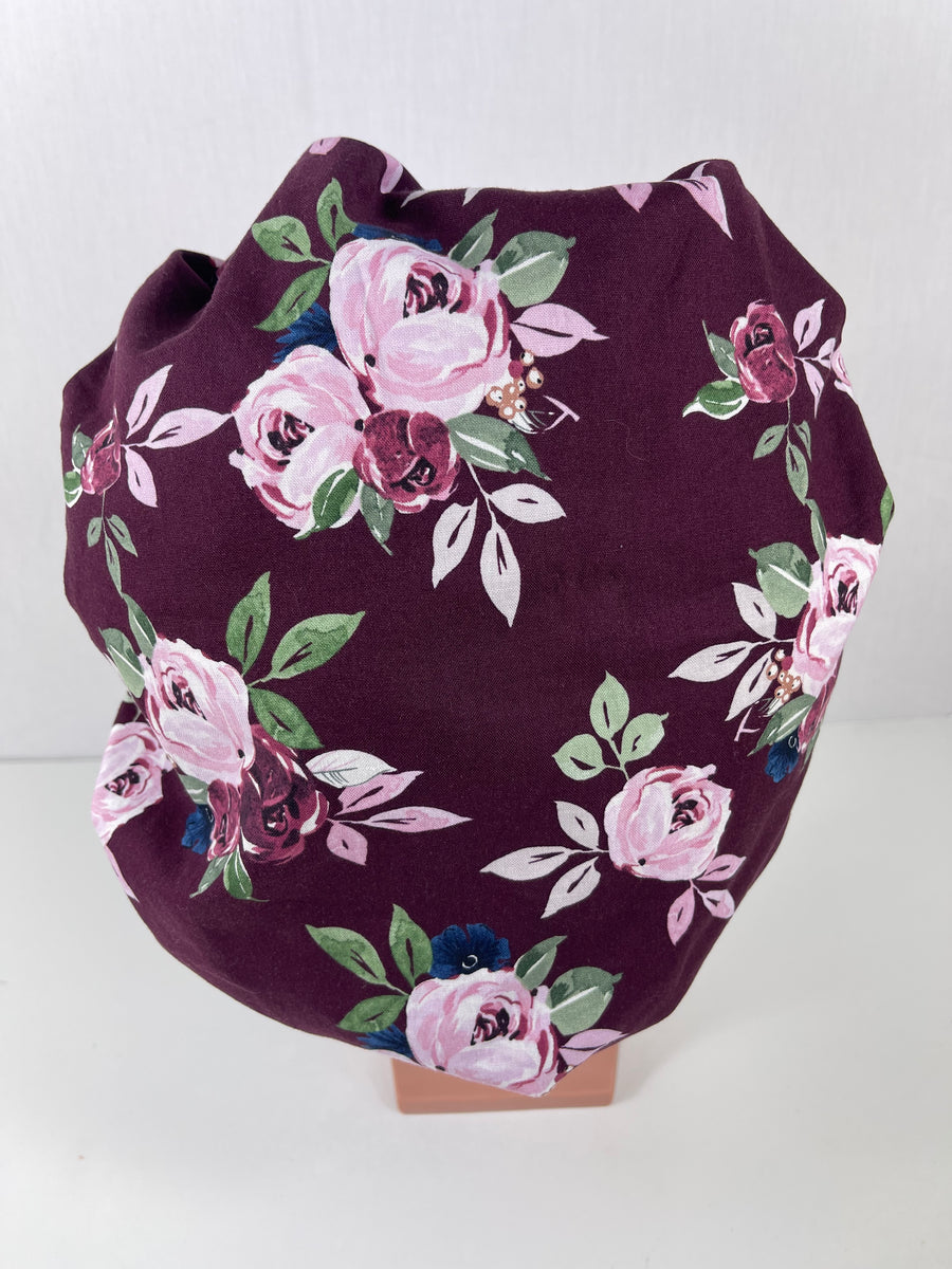 Floral Clusters Burgandy Bouffant Scrub Hat