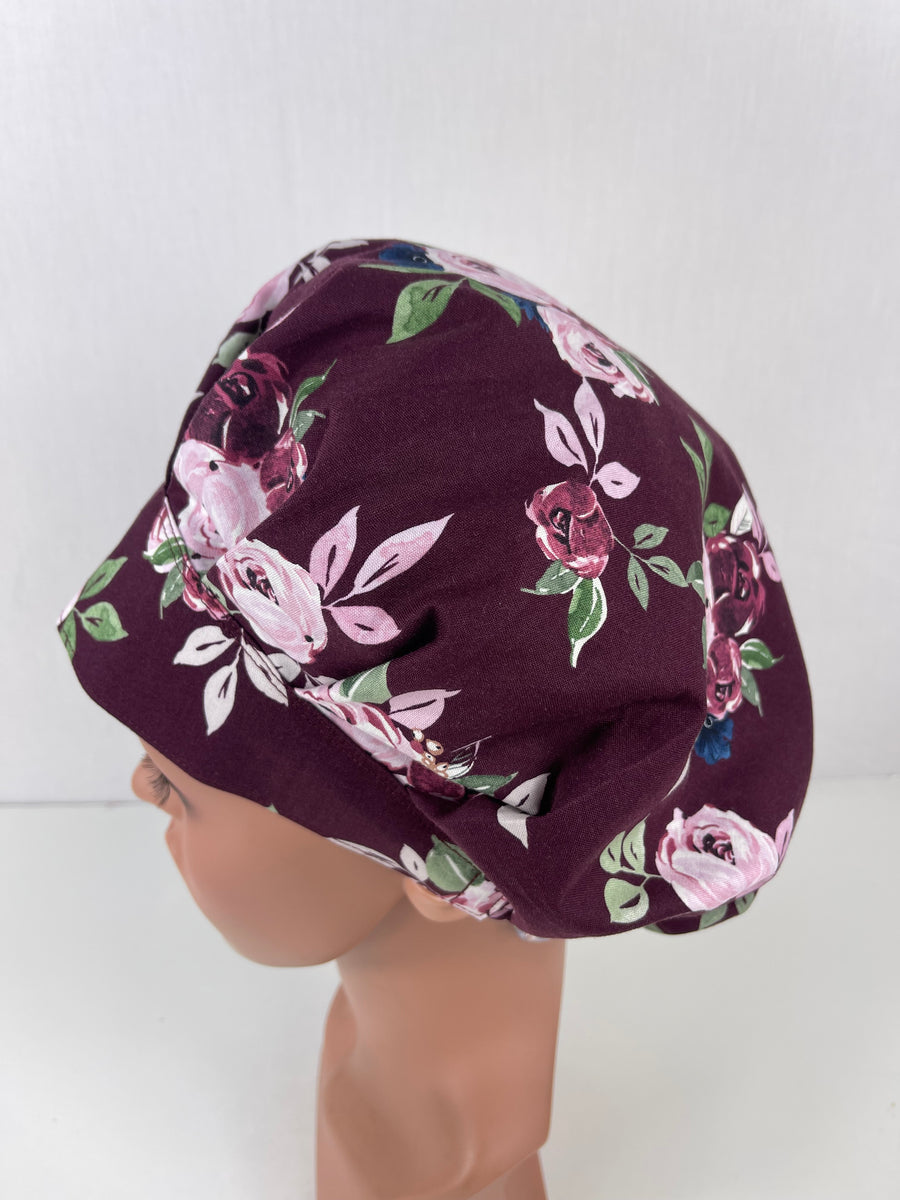 Floral Clusters Burgandy Bouffant Scrub Hat