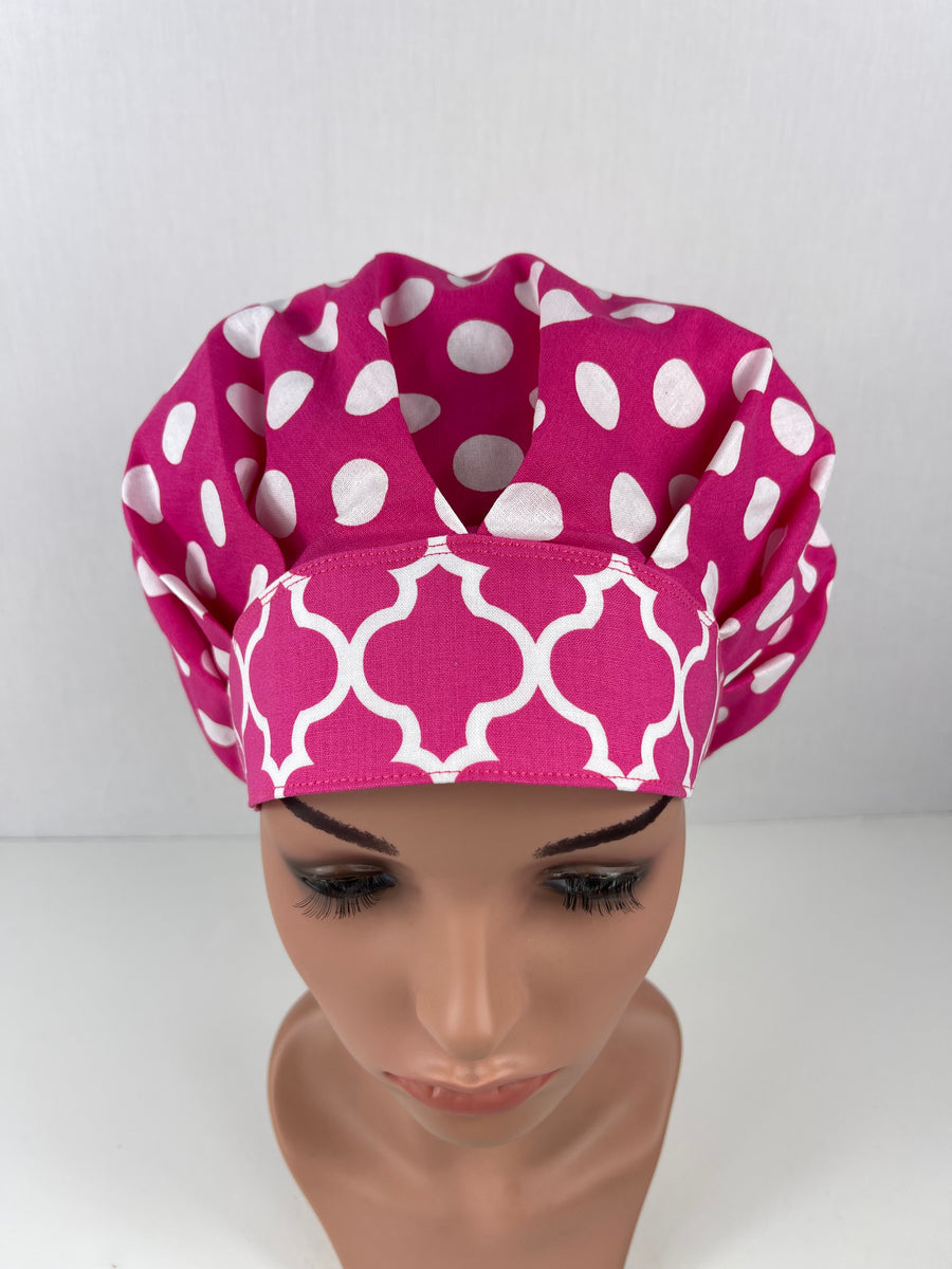 Hot Pink Polka Dot Bouffant Scrub Hat