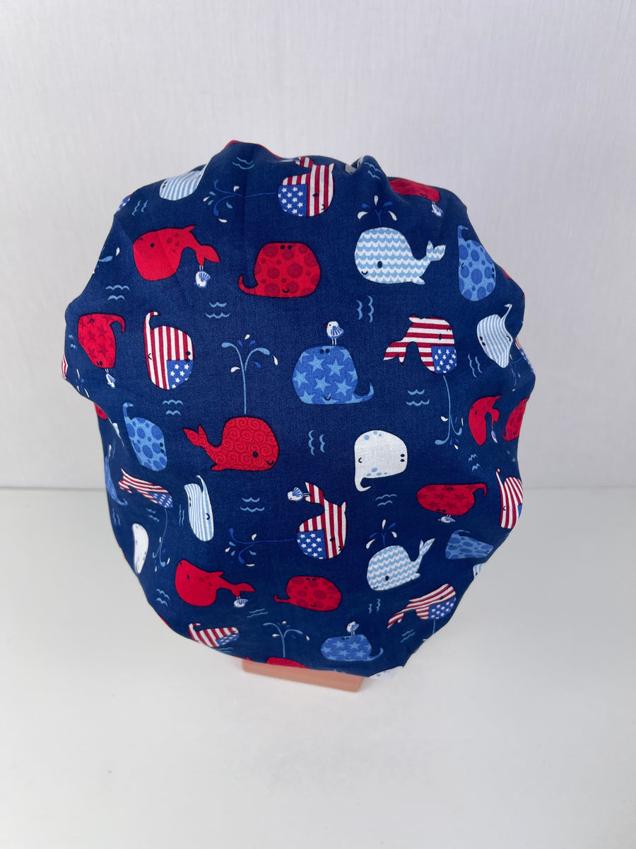 Baby Whales Patriotic Design Bouffant Scrub