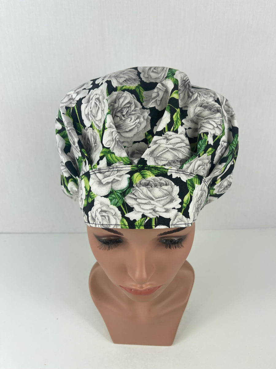 White Roses Bouffant Scrub Hat