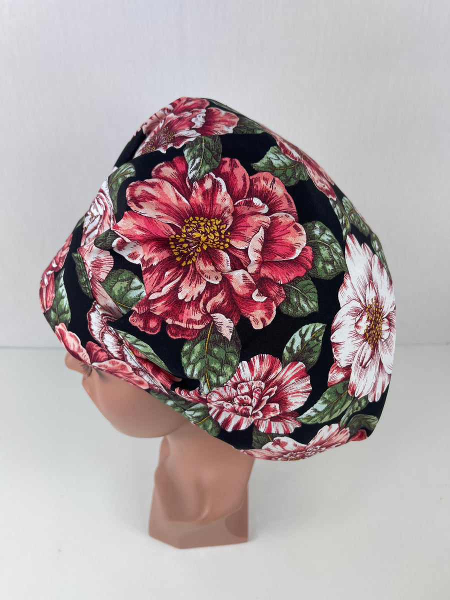 Floral Clusters Burgandy Bouffant Scrub Hat
