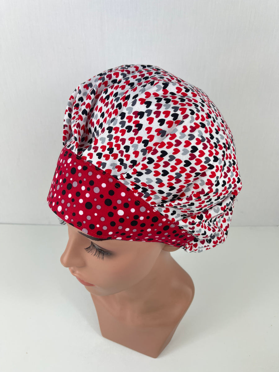 Black and White Hearts Valentine Bouffant Scrub Hat