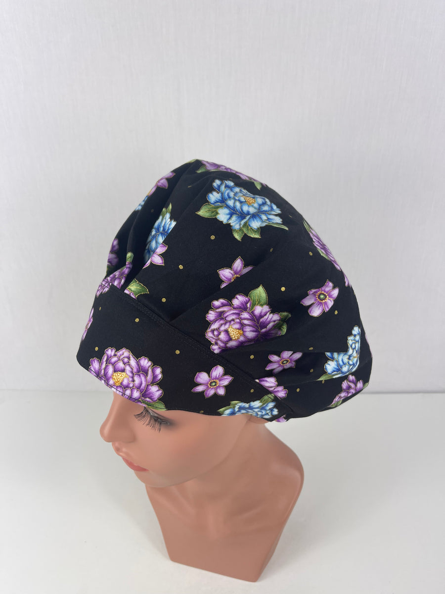 Floral on Black  Bouffant Scrub Hat