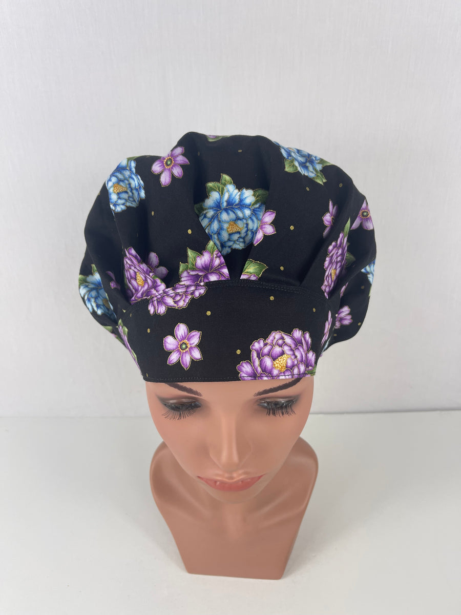 Floral on Black  Bouffant Scrub Hat