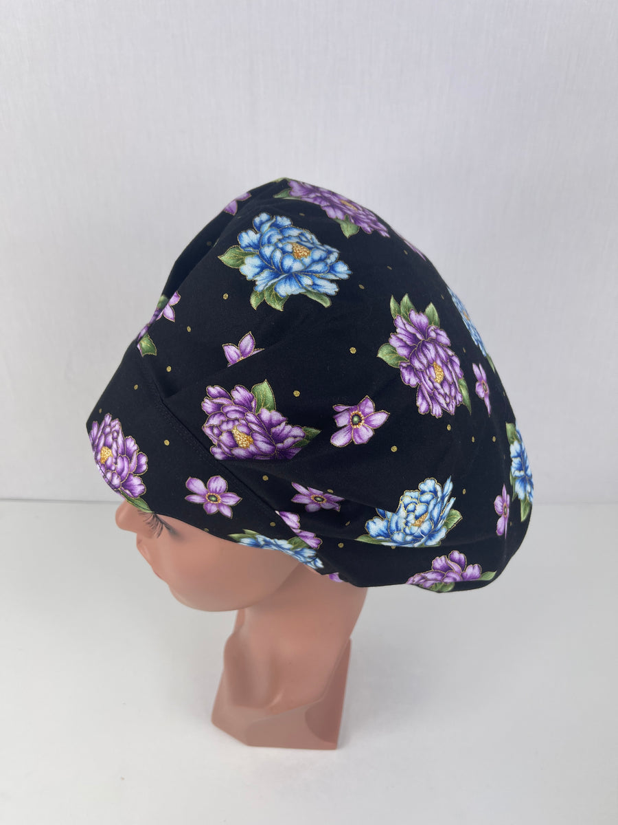 Floral on Black  Bouffant Scrub Hat