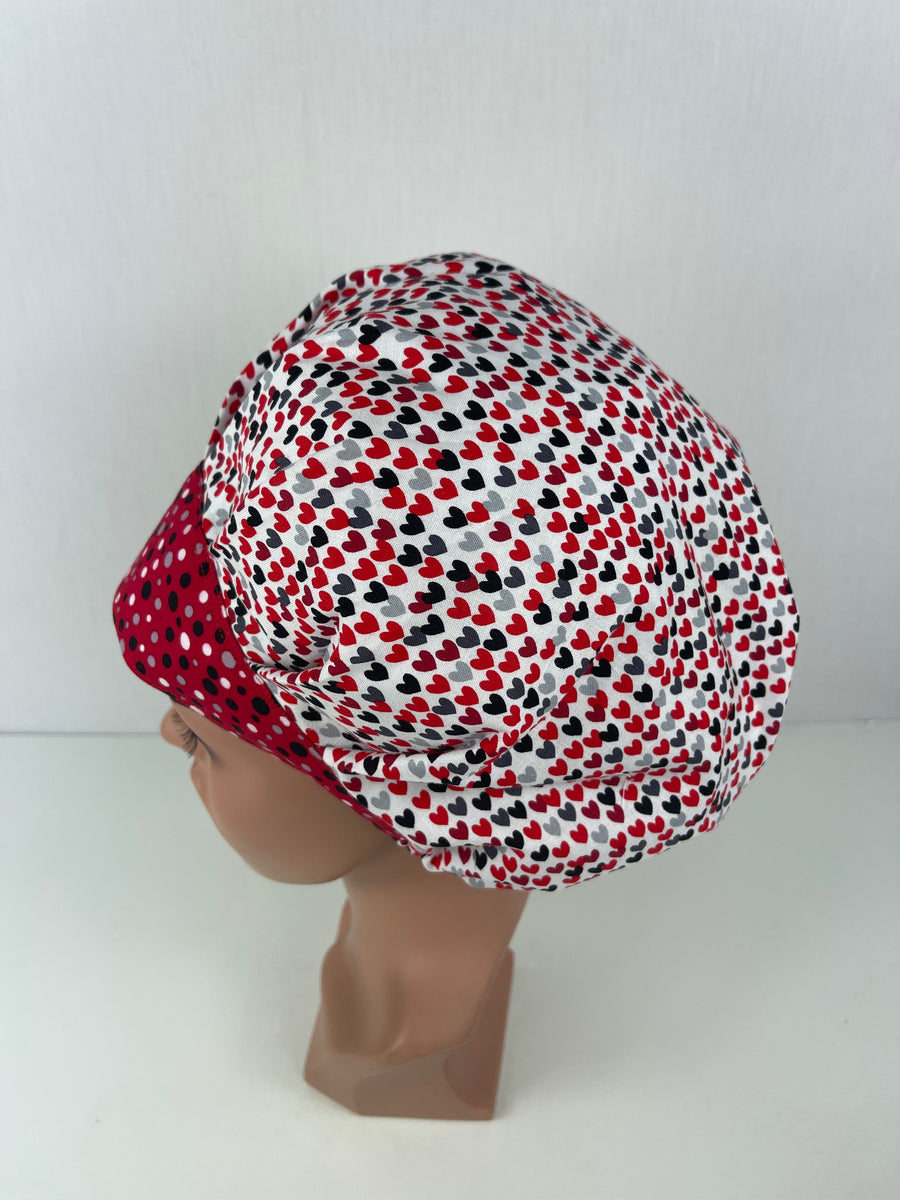 Black and White Hearts Valentine Bouffant Scrub Hat