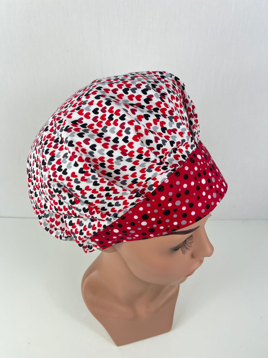 Black and White Hearts Valentine Bouffant Scrub Hat