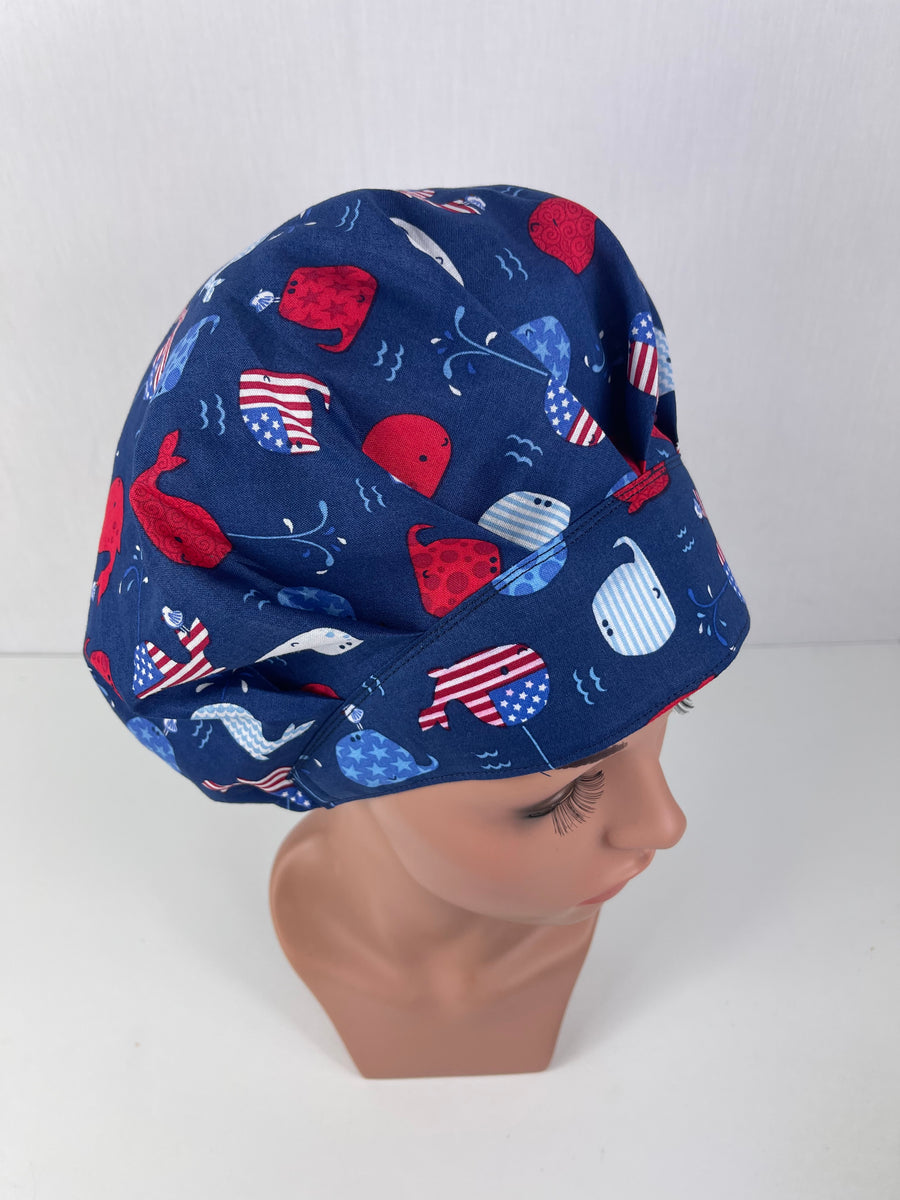 Baby Whales Patriotic Design Bouffant Scrub