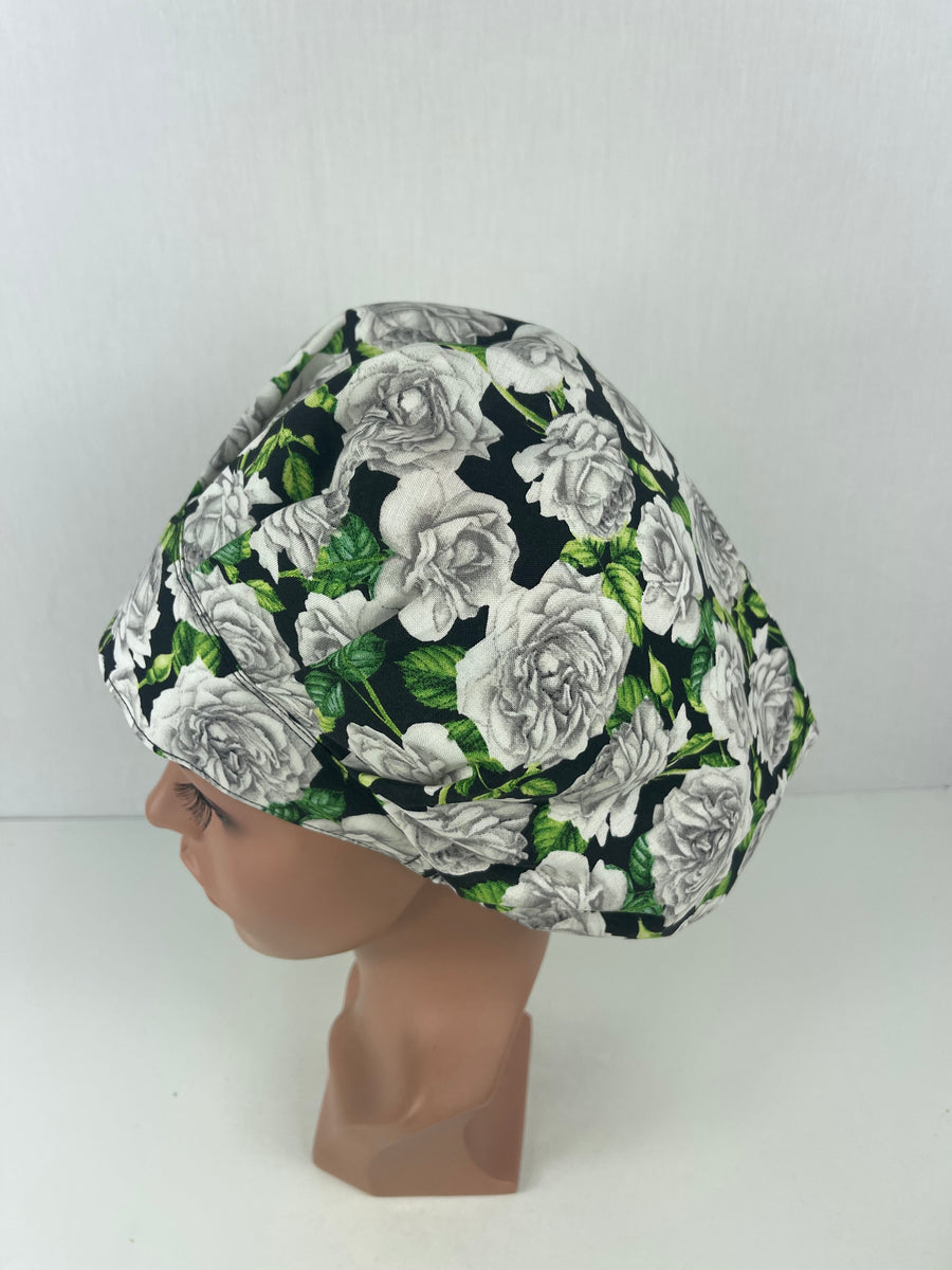 White Roses Bouffant Scrub Hat