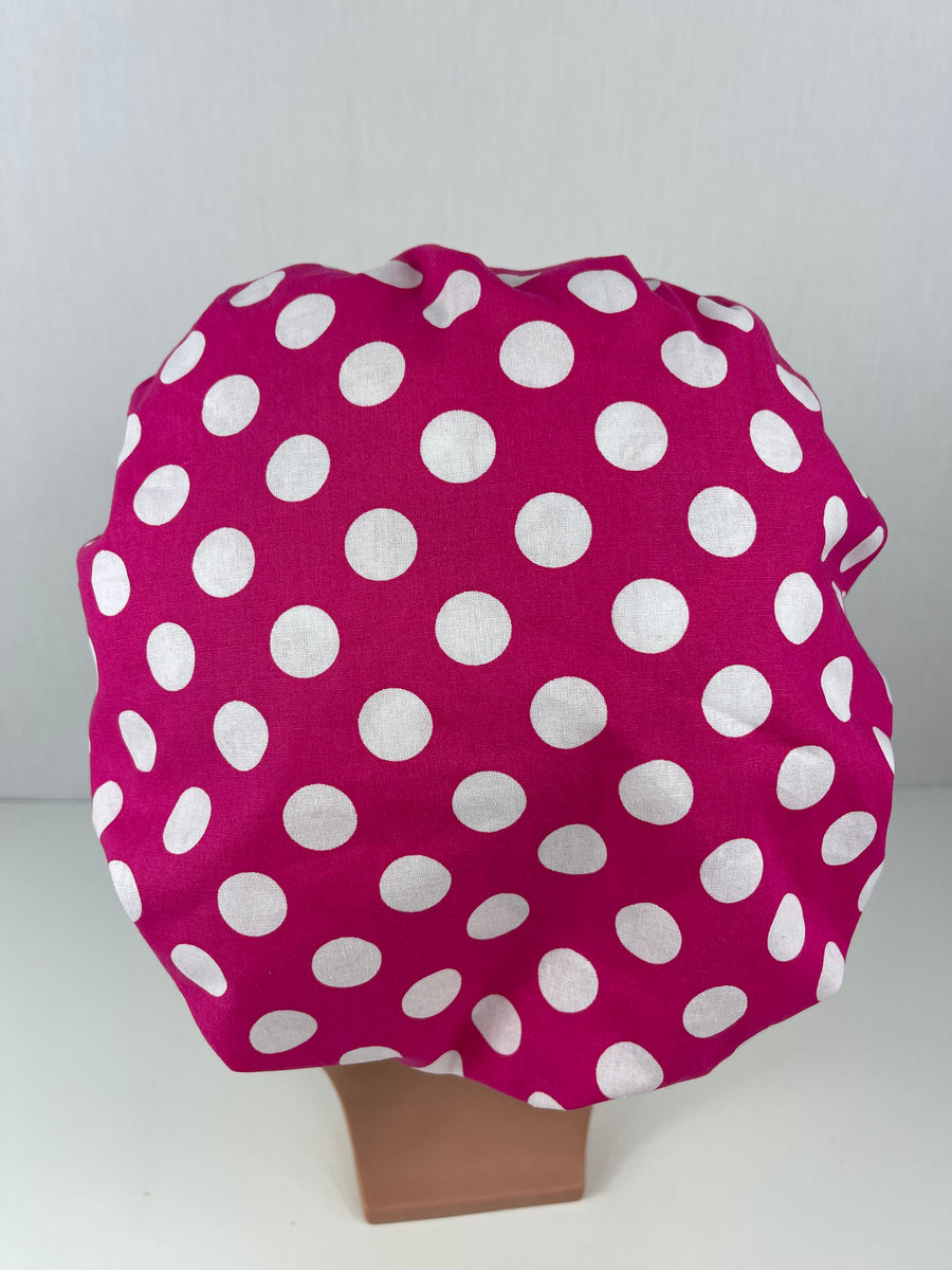 Hot Pink Polka Dot Bouffant Scrub Hat