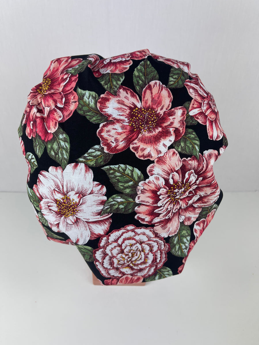 Floral Clusters Burgandy Bouffant Scrub Hat