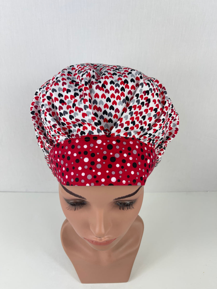 Black and White Hearts Valentine Bouffant Scrub Hat