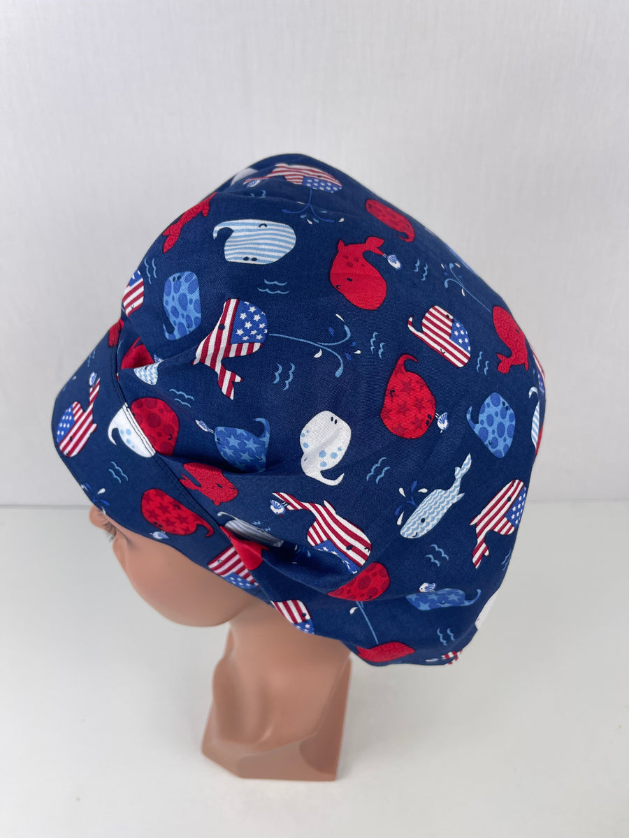 Baby Whales Patriotic Design Bouffant Scrub