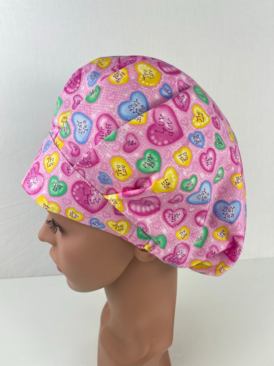 Candy Hearts Bouffant Scrub Hat