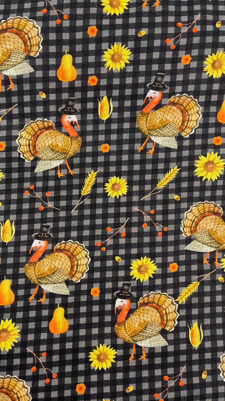 Teal Turkeys on Plaid Thanksgiving Turkeys and Pumpkins on Grey