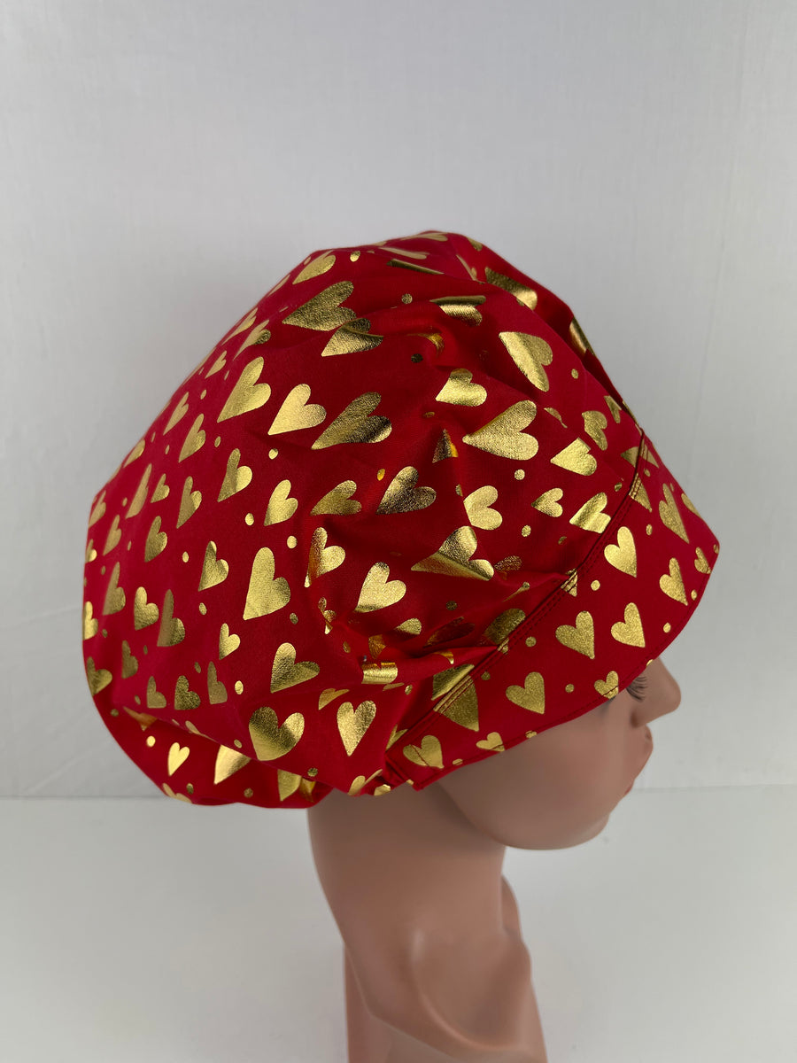 Valentines Gold Hearts Bouffant Scrub Hat